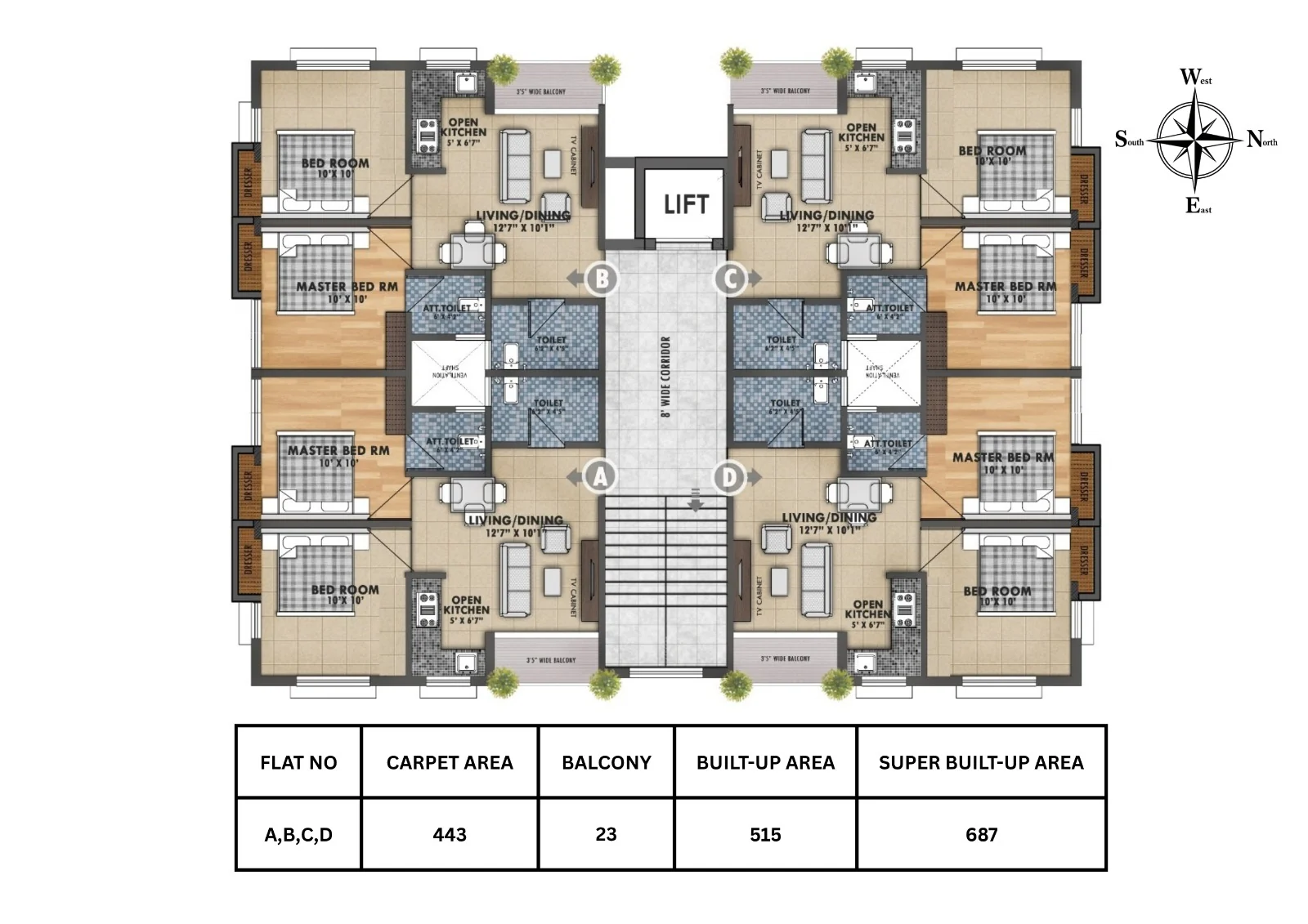 Typical floor plan showing flats A, B, C and D around a central lift and corridor