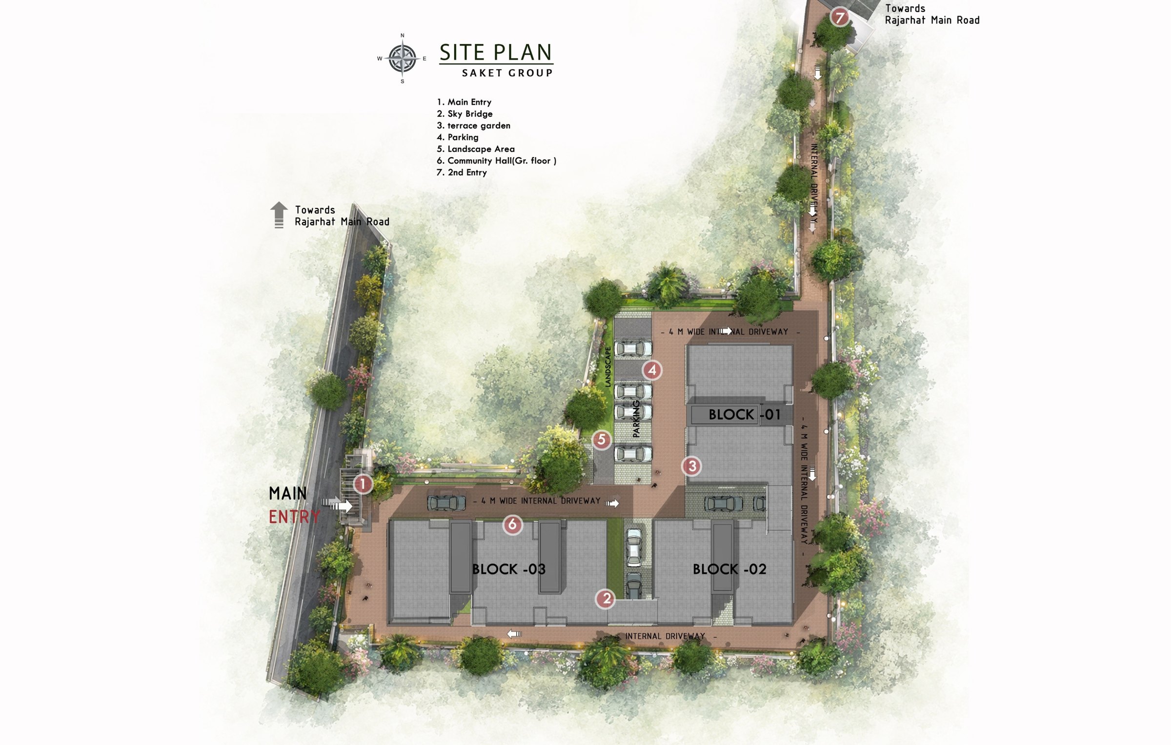 Site plan showing three blocks, entries, parking and landscape